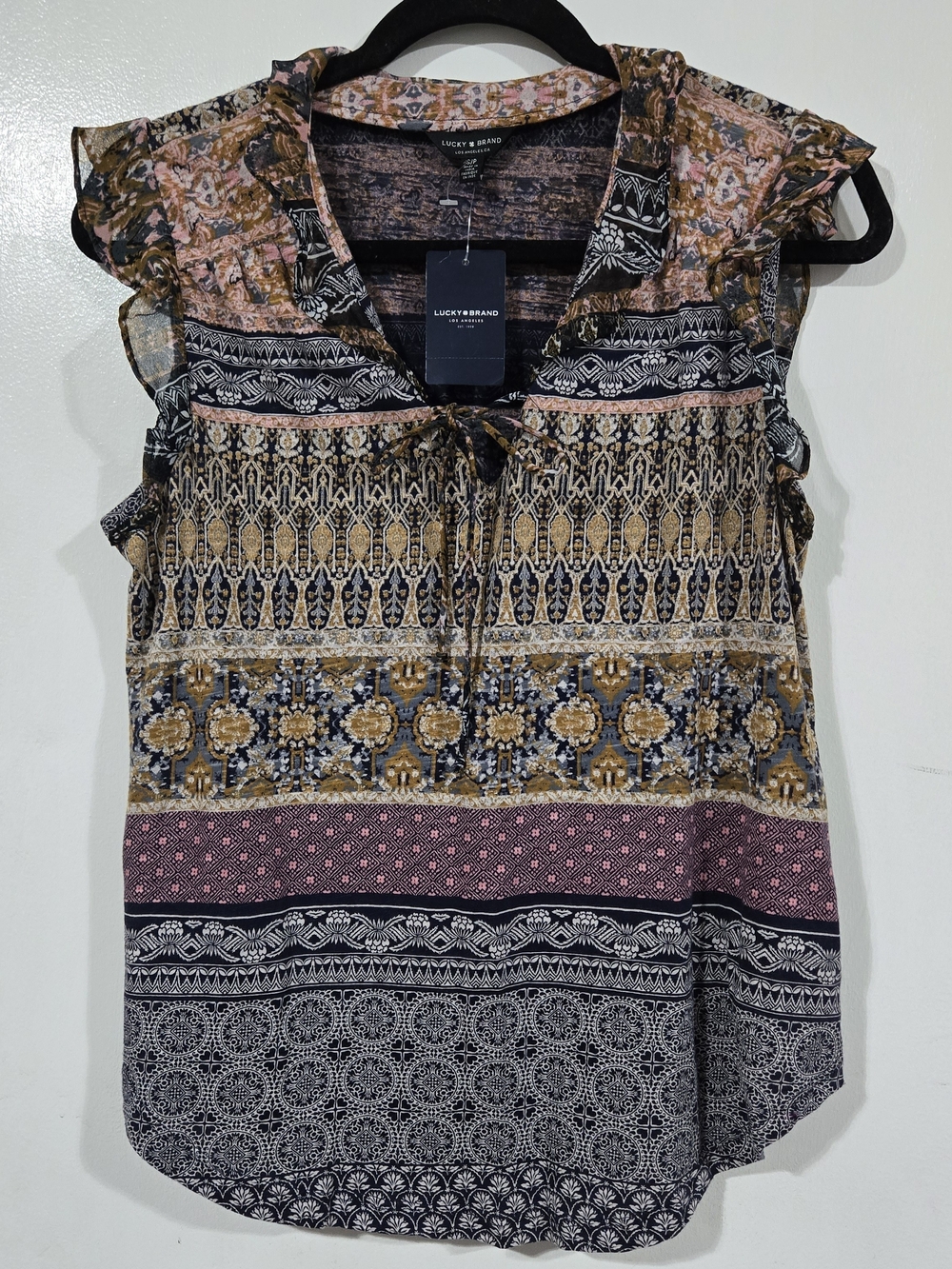 Lucky Brand Womens Multicolor Boho StretchyPrinted Ruffle Sleeve Top S/P NWT